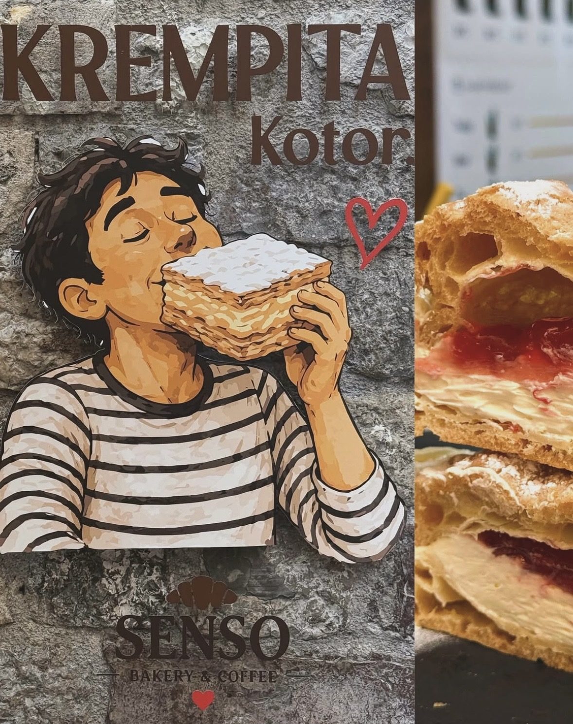 Mural 'Krempita Kotor' i krupni plan slojevite krempite iz Senso pekare, sa džemom