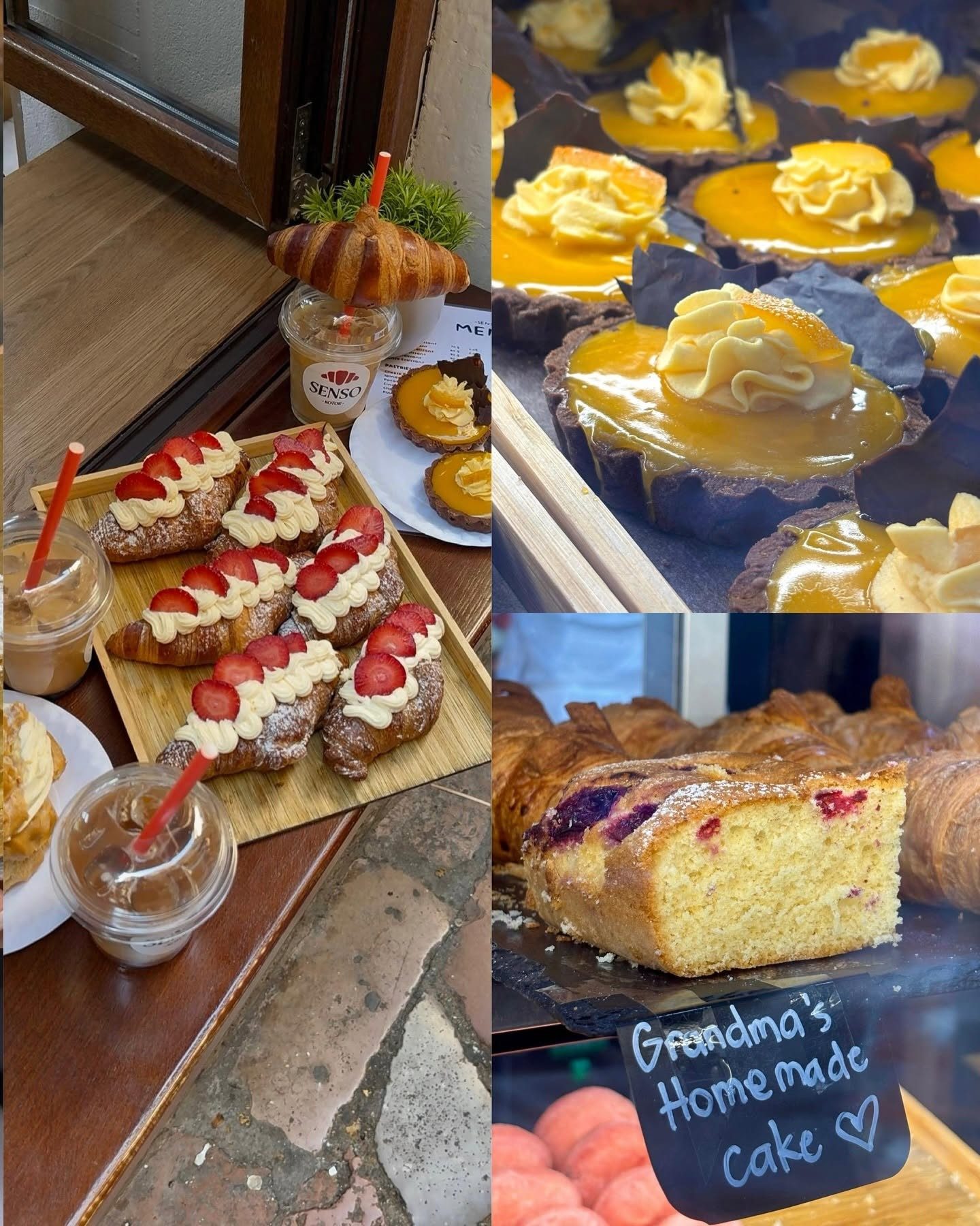 Kolaž Senso poslastica: kroasani sa jagodama, ledena kafa, tart od pomorandže i domaća torta
