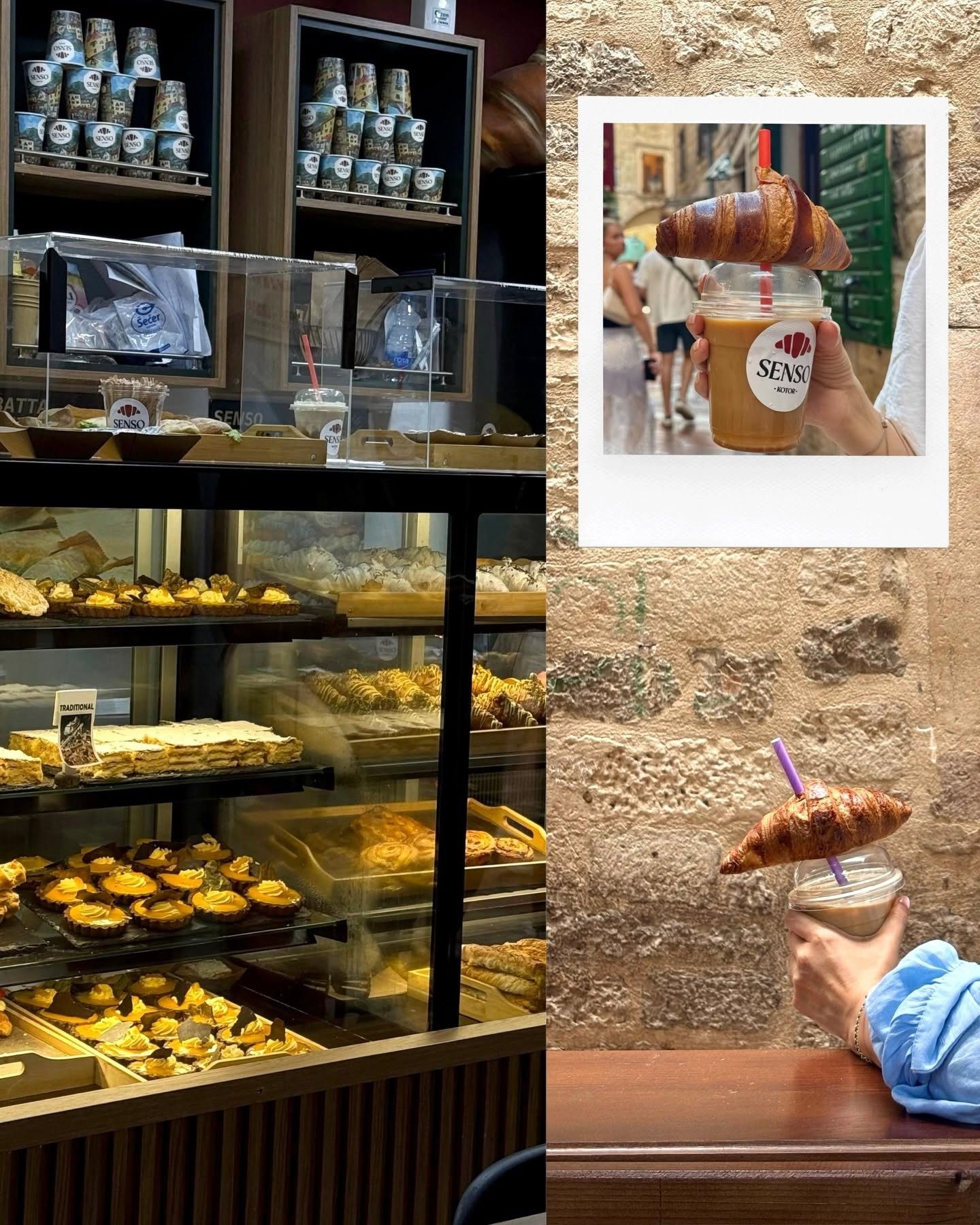 Kolaž Senso vitrine sa kolačima i čašama za poneti, i ledene kafe sa kroasanom u Starom gradu
